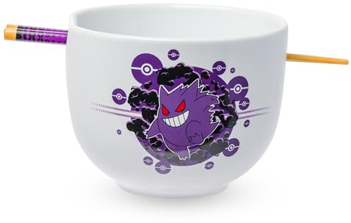 Silver Buffalo Pokemon Gengar Pokeball Ceramic Ramen Noodle Rice Bowl with Chopsticks, Microwave Safe, 20 Ounces
