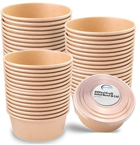 CaterCo Disposable Kraft Salad Bowls with Lids - Versatile Food Containers for Hot/Cold Use for Takeaway, Round Leakproof Kraft Paper Container, (1000ml - 50 Sets)