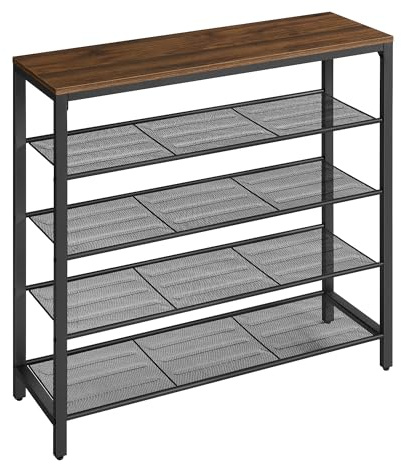 VASAGLE Schuhregal, Schuhablage mit 4 Gitterebenen und großzügiger Oberfläche für Taschen, für den Eingangsbereich, Flur, Metall, Industrie-Design, naturwalnussfarben-tintenschwarz LBS015K02