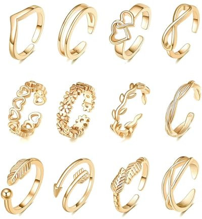 KGDUYC 12 Stück zehenring，zehenring gold，Gold Gefüllte Zehenringe für Damen Blumenherz Offene Zehenringe Daumenringe Verstellbare Ring Gold Zehenringe Set Sommer Strand Fußschmuck