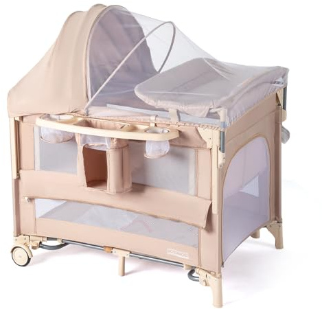 JOYMOR 9 in 1 Bedside Bassinet with Changing Table, Pack and Play with Bassinet, Convert to Rocking Baby Bed with Electric Music Center, Mosquito Net, Storage, Beige