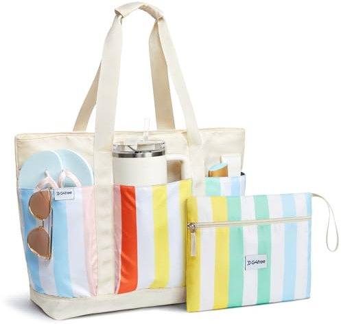 G4Free Beach Bag,Waterproof Beach Tote Pool Bags for Women,Large Capacity Foldable for Weekender Travel- Rainbow stripe