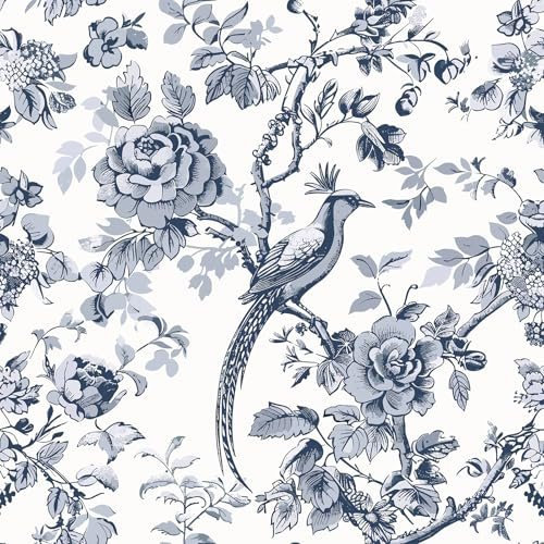 VEELIKE Papier Peint Fleuri Chinois Bleu Papier Peint Floral Oiseau Vintage Papiers Peints Chambre Salle de Bain 44,5 cm x 300 cm Adhesif Mural Decoratif Salon Rouleau Adhesif pour Meuble Amovible