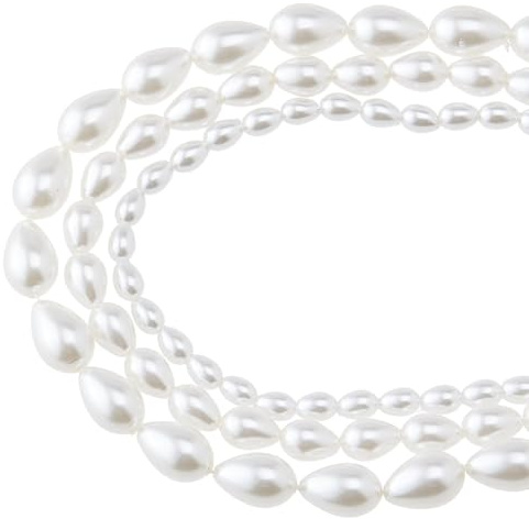 Hobbspring 3 Strands Glass Pearl Beads 3 Sizes Teardrop Pearl Bead Strands Seashell Color Loose Bead Pearlized Luster Water Drop Spacer Beads for Jewelry Necklace Bracelets Earrings Making DIY Crafts