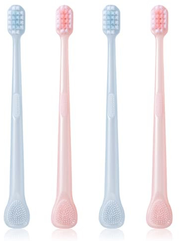 Luxvara 4 Pezzi Spazzolino Denti, Spazzolino Manuale con Pulisci Lingua, Spazzolinos Setole Ultra Morbide Puliscilingua, Pulizia del Raschietto per Lingua 2 in 1 con Spazzola, Blu/Rosa