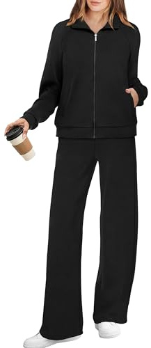 XIEERDUO Lounge Set for Women 2 Piece Fall Outfits Winter Trendy Tracksuit Workout Sweatsuit Wide Leg Loungewear Zip Up Sweat Track Suit Active Wear Matching Clothing Travel Airport Clothes Black XL