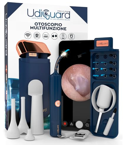 Otoscopio Limpiador de Oídos - Endoscopio Digital Flexible UdiGuard Pro-Clean con Cámara HD 10MP y WiFi Eliminación de Cerumen Pinzas y Puntas Reemplazables - Kit Otorrinolaringología Adultos y Niños