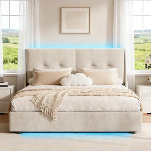 BRILVERDE Cama Tapizada 160x200 con Almacenamiento, Cama matrimonial con cajones, Cama Nido con LED, Cabecero Acolchado y Base de Láminas, Terciopelo (Beige, 160 x 200 cm)