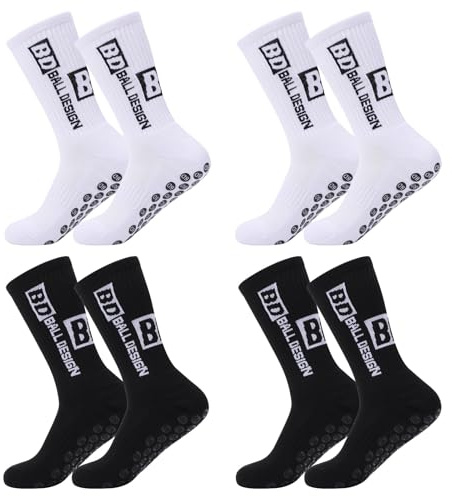 Risipu 4 pares de calcetines deportivos antideslizantes, transpirables, antideslizantes, calcetines de fútbol para hombre y mujer (FR/ES, Letras, Talla única, Regular, Regular, 2 Negro+2 Blanco)