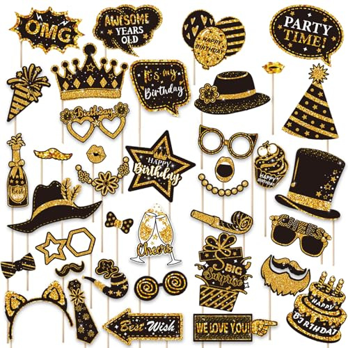 38Pcs Photo Booth Props,Party Props, Black And Gold Party Decorations, with Large Lips,Bows for Girl Boy Christmas Birthday Wedding Parties Decorations Accessories（Black and Gold）