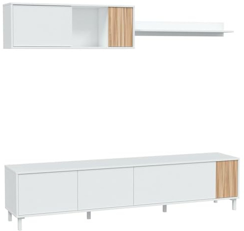 Parete Attrezzata Moderna Mobile Soggiorno TV Con Modulo Pensile e Mensola Con 4 Ante Fori Passacavi Design Moderno Soggiorno Salotto Sala Da Pranzo 47 x 200 x 40 Cm Bianco e Rovere Listato