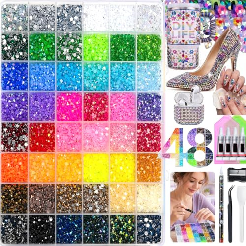 38400-Delars Glitterkit Med Strass FöR Naglar, 48 FäRger, 3 Mm Glitterstenar, Glitterkit Med Pincett Och Vaxpenna, Platta GeléStrasstenar FöR Nagelkonst, GöR-Det-SjäLv-Pyssel, DiamantmåLning
