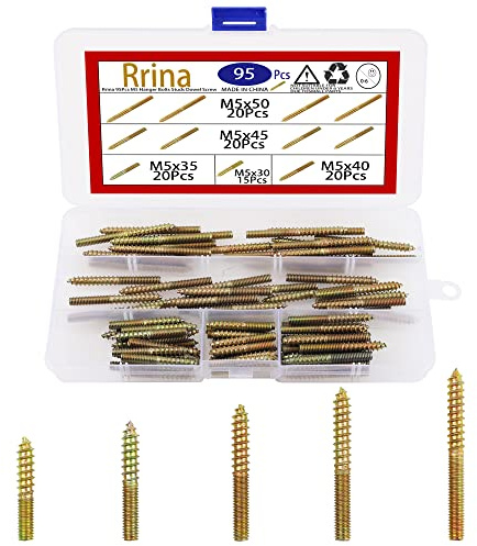 Rrina 95Pcs M5 Hanger Bolts Studs Dowel Screw Double Ended Self-Tapping Threaded Assortment Set for Wood Joint Furniture Legs