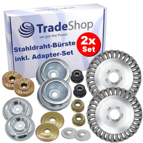 2X Trade-Shop Unkrautbürste Stahldrahtbürste Stahlrad Trimmerkopf inkl. Adapter-Set kompatibel mit Stihl, Worx, Black & Decker, Husqvarna Motorsense