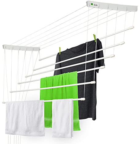KADAX Ceiling Clothes Airer, Ceiling-Mounted Drying Rack with Steel Rods for Bathroom, Laundry Dryer for Indoor and Outdoor Use (White, 6 x 110 cm)