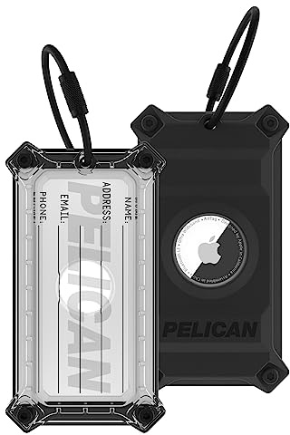 Pelican Luggage Tag, Holder for Apple AirTag - Scratch Resistant and Steel Plate Reinforced Luggage Rugged Case with Name Tag - Stainless Steel Loop with Airtag Case for Travel - Black