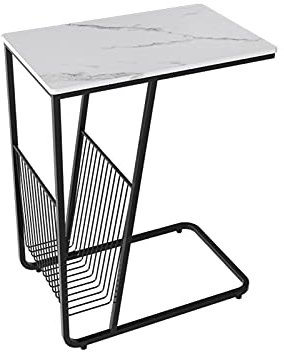 C-förmiger Marmortisch in Weiß, Lesetisch, Lounge-Tisch, Sofa-Couchtisch, Metall-Beistelltisch mit grünem, weißem, goldenem, schwarzem Eisenrahmen, Nachttisch für Schlafzimmer, Wohnzimmer, Weiß +