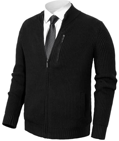 Pioneer Camp Herren-Strickjacke, durchgehender Reißverschluss, Stehkragen, schmale Passform, lässiger Strickpullover mit 2 Fronttaschen, Black-up, Groß