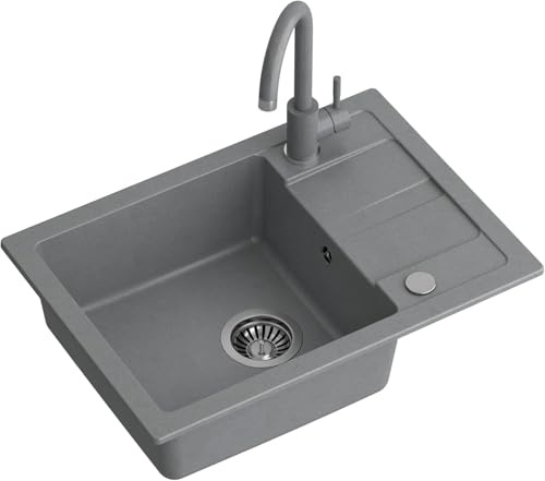 QUADRON Lavello da cucina in granito | dimensioni 62 x 44 x 17,5 cm grigio | Lavello GO SMART in granito Lavello a vasca singola | Lavello da incasso con rubinetto da cucina