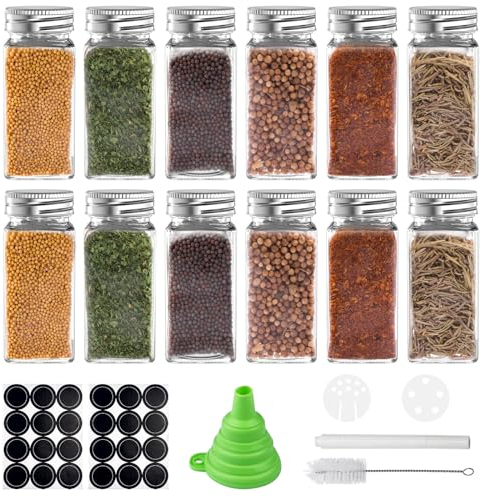 WinGluge 12 Pezzi Barattoli Spezie, Barattolo Portaspezie Quadrato, 120ml Contenitori Spezie per Cucina con Setaccio, Etichette, Spazzola, Lmbuto, Penna, Per Grigliare, Cucina, Conservare le Spezie
