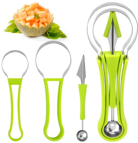 4 in1 Taglia Frutta, Tagliafrutta Strumenti da per Affettare Acciaio Inox Strumenti per Intagliare la Frutta Paletta per Frutta per Rimuovere i Semi e Sbucciarli (Verde)