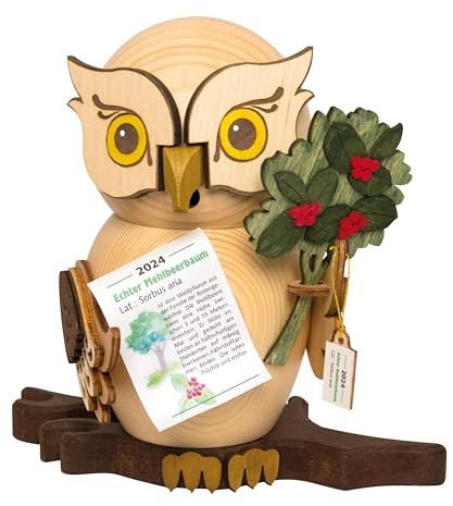 Kuhnert Drechslerei Rauchfigur/Räucherfigur - Eule Jahreseule 2024 Mehlbeere aus Massivholz - ca. 15 cm - Made in Germany