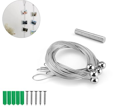 KINHARD 5 Stück Fotoseil, Fotoseil mit Klammern, Verstellbare Bilder Aufhängen Schnur mit 30 Magneten, zum Aufhängen von Fotos, Postkarten und Haftnotizen