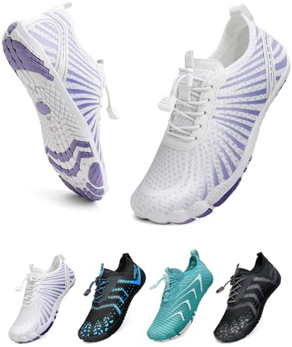 WateLves Zapatos Descalzos Todoterreno para Hombres Y Mujeres para Correr En El Agua para Nadar AcuáTicos Playa Transpirable Y Antideslizante(Blanco y Morado 39)