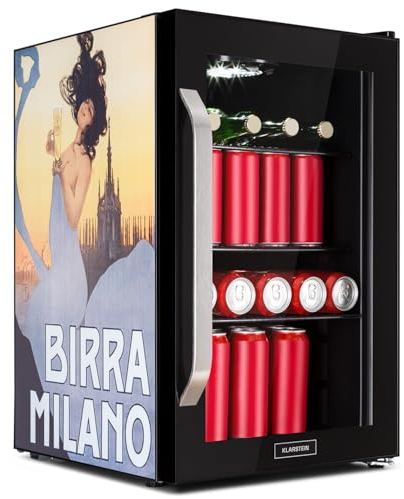 Klarstein Fridge 70L, Small Fridge with Removable Shelves, Quiet Mini Fridge with Glass Door & LED, Small Drinks Fridge, Suitable for Outdoor use, Beer Safe for Bottles, 0-10°C