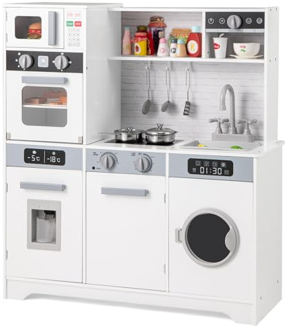 GOPLUS Cocina de Juguete para Niños, Cocinita Infantil con Dispensador de Agua, Fregadero, Grifo, Microondas, Cafetera, Lavadora, Cocinita de Madera con Sonidos y Luces para Niños de 3+ Años
