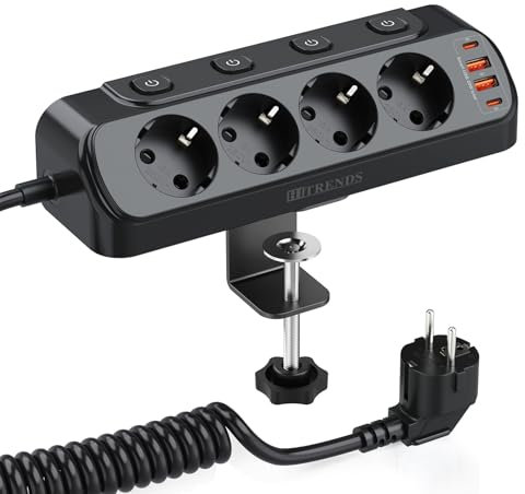 Tischsteckdose mit USB C 20W, HITRENDS Steckdosenleiste Schreibtisch einzeln Schaltbar, 4Fach Mehrfachsteckdose mit Schalter, Überspannungsschutz mit 2M Kabel für Zuhause Büro, Weiß