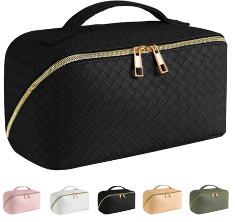 LHLZNB Premium Flat Lay Makeup Bag - Chic wash Bag & Spacious Toiletry Bag for Women, Perfect Travel Make up Bag Organizer for Cosmetics & Skincare Essentials，Toiletry Bags for Women (Black)