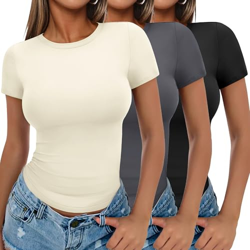 Ekouaer Womens 1&3 Pack T-Shirt Short Sleeve Basic Tops Fitted Crew Neck Black+Beige+Grey S