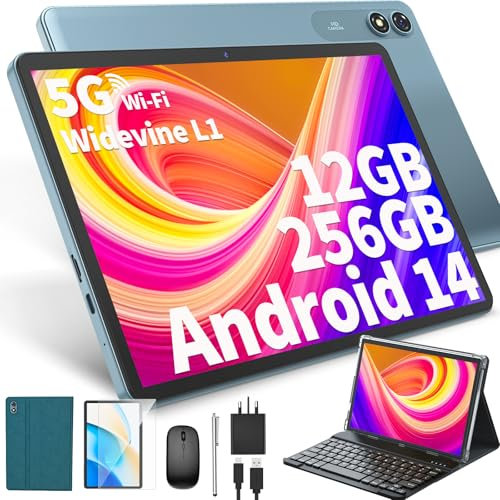 JJGJ 10 inch Android Tablet, Android 14 Tablet with Keyboard, 24GB+256GB, 1TB Expand, 8-Core, 8000mAh, 5G WiFi, Widevine L1, GMS, with Keyboard, Mouse, Stylus(Green)