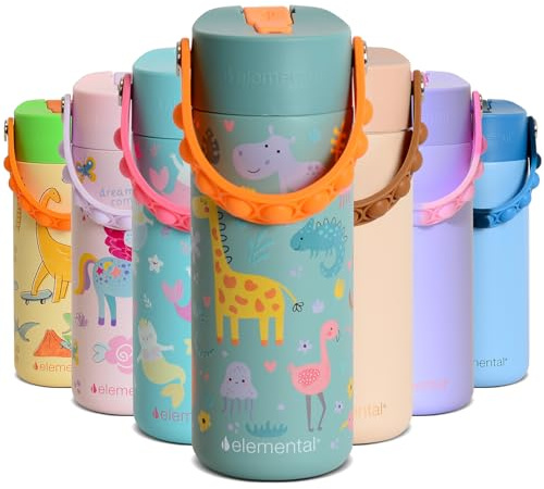 Elemental Insulated Kids Water Bottle, Stainless Steel Water Bottle with Straw Lid & Pop-It Handle, Leak-Proof Water Bottles for School, Boys or Girls, Travelling and Sports, 530ml - Safari