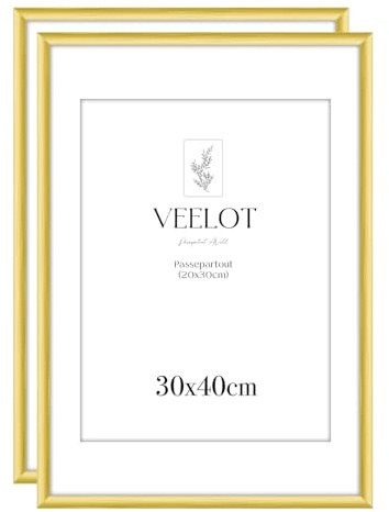 Veelot® 2x Cornici per Foto 30x40 cm,in Alluminio Metallo dorato,con Passepartout 20x30 cm. Ideali per certificati e diplomi di grandi dimensioni. Solo montaggio a parete.