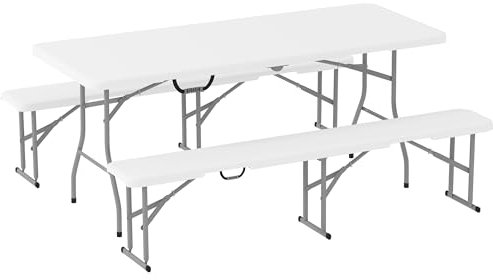 Outsunny Set Tavolo da Campeggio Pieghevole con 2 Sedie, Tavolo da Pic Nic e 2 Panche da Esterno, Set Tavolino Campeggio con Maniglie in HDPE e Metallo, per Picnic, Mare, Spiaggia, Giardino, Bianco