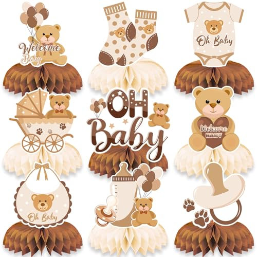 LMSHOWOWO 9 Pezzi Centrotavola Battesimo Bimbo Bimba Orsetto, Beige Neutro Decorazioni Tavola Baby Shower Centrotavola a Nido d'Ape per Gender Reveal Benvenuta Nascita Bimbina Bambino Bomboniere