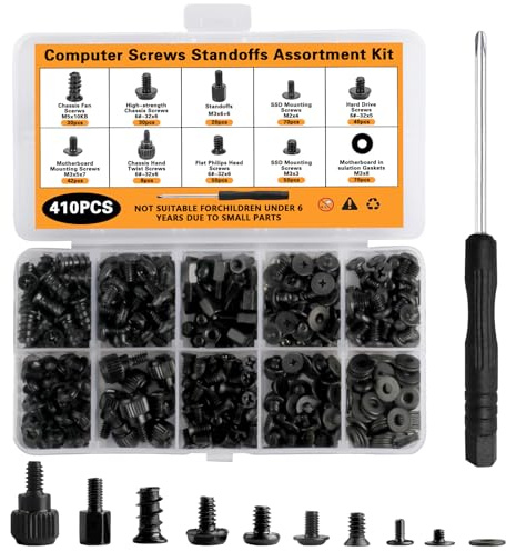 410 Pcs Computer Screws Assortment Kit, Motherboard Standoffs and Screws, Laptop Screw Kit, Black Universal PC Screw Kits for PC Case HDD SSD Laptop Fan Hard Drive Graphics CD-ROM DIY & Repair