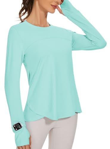 IECCP Blusa deportiva de manga larga para mujer, camiseta deportiva con protección UV UPF 50+, protección solar, camisas de manga larga, ajuste delgado, con agujero para el pulgar, camiseta deportiva