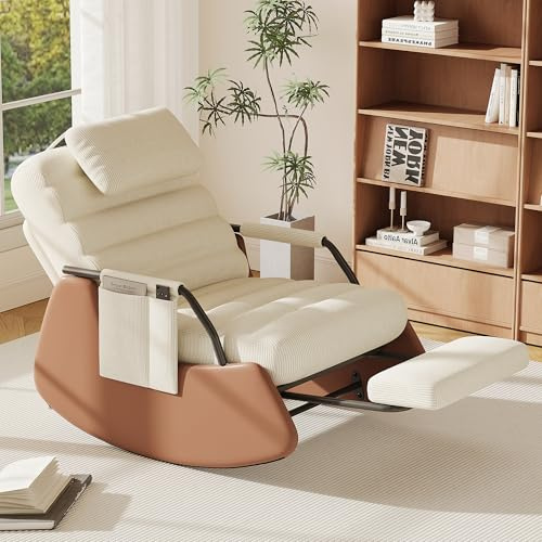 SAOOZBE Poltrona dondolo con sgabello, Poltrona oscillante con schienale regolabile in 3 posizioni, Poltrona relax con morbido poggiatesta, Poltrona lounge, Poltrona da lettura per soggiorno, balcone