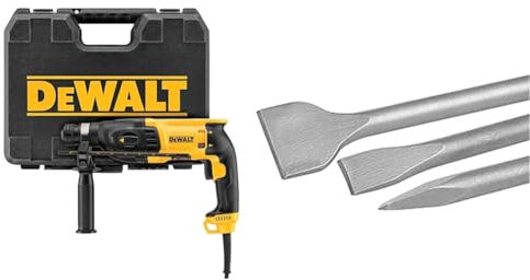 DeWalt D25133K Perforateur Sds-Plus 3 Modes - 26 mm Filaire - 800W - Vitesse à Vide 0-1500 tr/Min & Jeu de 3 Burins SDS-PLUS - 2 Burins Plats et 1 Burins Pointu 25 cm - Travail du Béton