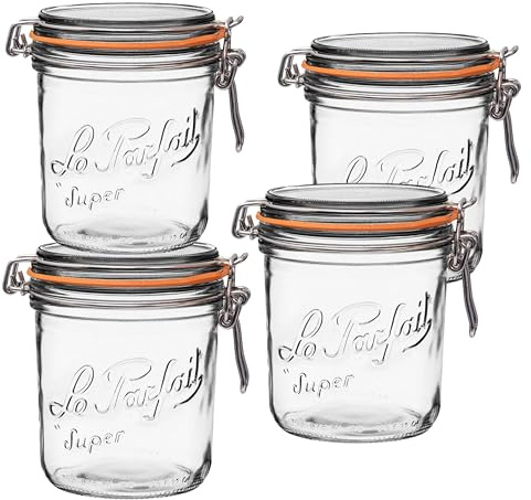 Le Parfait Super Terrine 750mL (24oz) Zero Waste Eco-Friendly Glass Canning Jars, Airtight Rubber Seal & Wire Bail Lid, BPA-Free, Water Bath Safe for Food Storage & Preserving, Made in France, 4PK