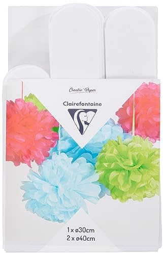Clairefontaine 395401C Set mit 3 Pompons Seidenpapier, Ø 30cm x1 + Ø 40cm x2, ideal für Deko und Bastelprojekte, 1 Set, Weiß