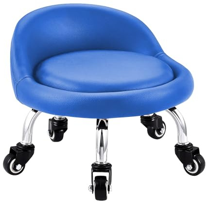 Lanstics Low Roller Seat Stool with Universal Swivel Wheels Leather Rolling Stool Seats with Cushion Backrest 360 Rolling Stools for Home Office Fitness (Blue)