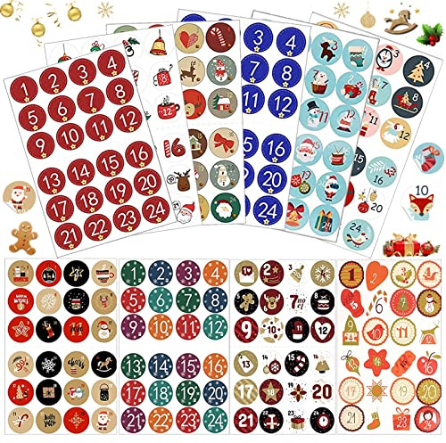 Autocollant Calendrier de l'Avent,10 x 24 Autocollants de Noël bricolage,Autocollants Noël Nombre,Noël Autocollants Calendrier,autocollants ronds de noël,pour DIY Calendrier de l'avent