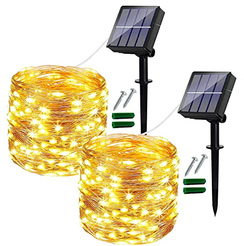Solcellslampor för utomhusbruk, 2-pack 14 m/48 fot solljusslingor, vattentäta, 120 LED 8 lägen koppartråd dekoration, solljusslingor för träd, trädgårdar, uteplats, gård, bröllop (varmvit)
