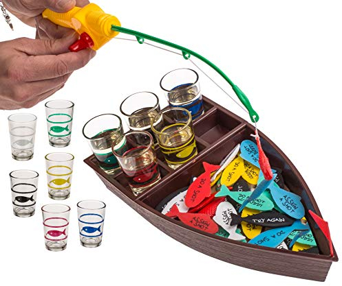 MIK Funshopping Roligt drickspel, partyspel, syftspel för vuxna, nyårsafton, födelsedagsfest (fiskfiske med 4 skjutglas)