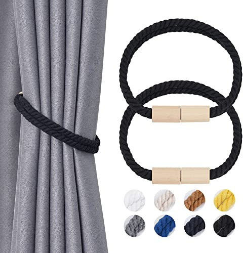 Pretty Jolly 2-pack magnetiska gardinbindningar i trä boho-dekoration draperi knytband naturlig bomull handgjorda dubbla rep gardinhållare för tunt och tjockt hem och kontor fönsterdraperi (ny svart)