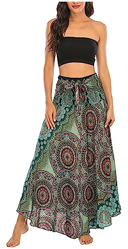Gonna da donna bohémien, maxi gonna da spiaggia, stile etnico, motivo floreale, gonna lunga asimmetria, linea ad A, abito midi Two Way to Wear, morbida, sottile, traspirante, gonna estiva, E verde.,
